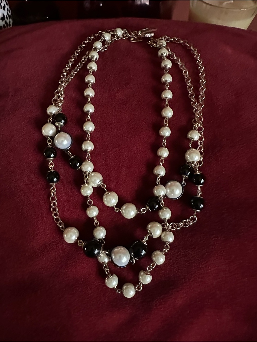 Vintage Anne Klein White Pearl and Black Bead Multi-Strand Necklace